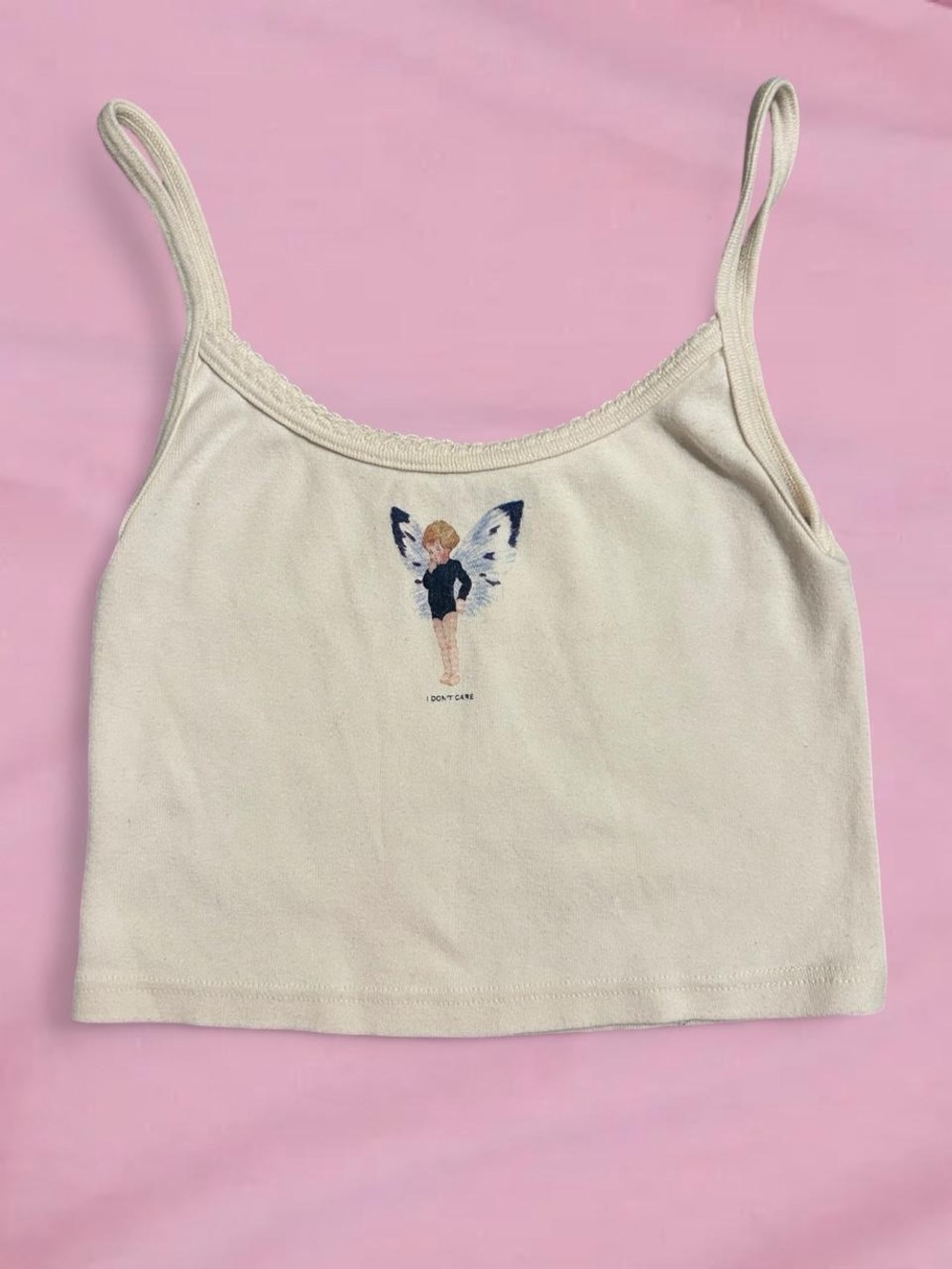 Brandy Melville Cream Ribbed Tank with Subtle Navy Print